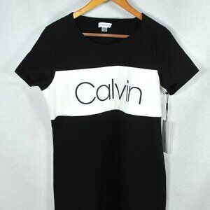 Calvin Klein Womens T-shirt Dress L Black White Logo Crew Neck Short Sleeve